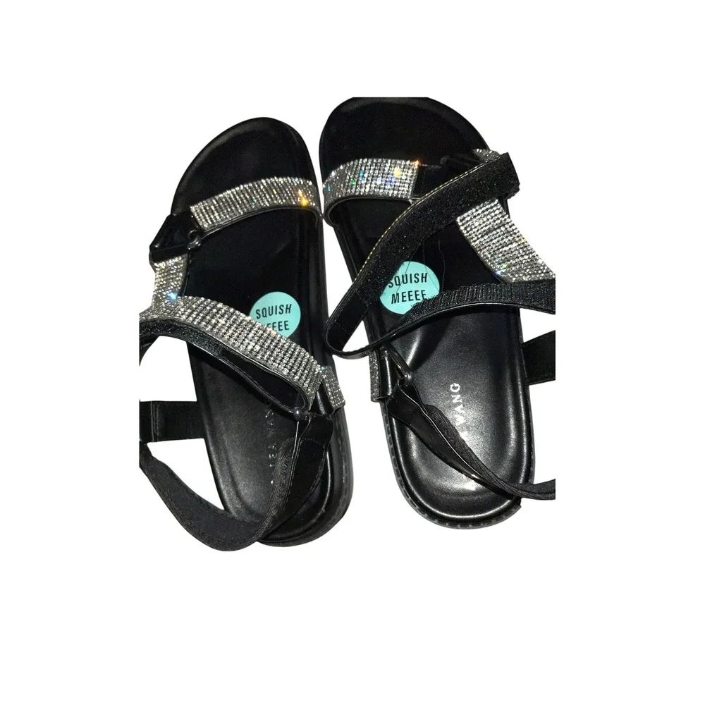 Azalea Wang Black Rhinestone‎ Embellished Flat Sandals Velcro Straps SZ 8  (#4)